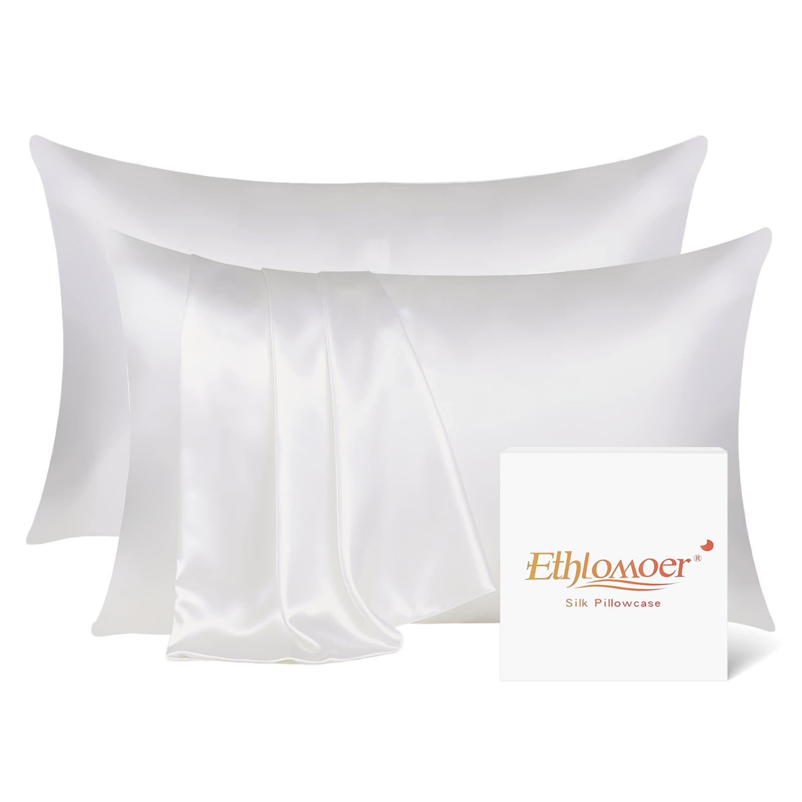 Ethlomoer 100% Natural Pure Silk Pillowcase for Hair and Skin, Both Side 19mm, Hypoallergenic, 600 Thread Count, Smooth Satin Pillowcase with Hidden Zipper, 50x75 cm (Ivory-2PCS)