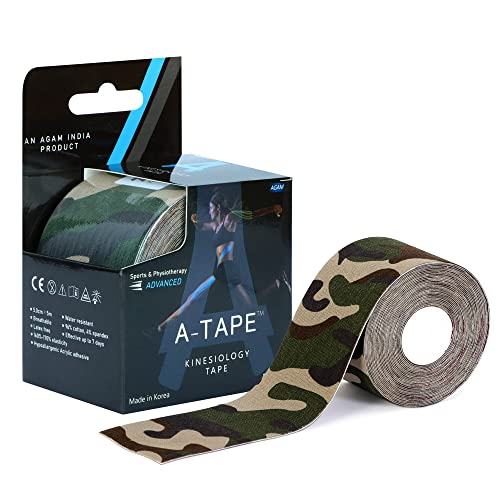 Image of A-Tape Kinesiology Tape 5Cm x 5MTR Roll | Cotton Waterproof Elastic Sports Tape for Muscle Support, Pain Relief, Injury Recovery, Physiotherapy & Joint Stability (Made in Korea) (Color-Green Camo)