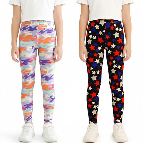FILOWA Leggings Niñas 2 Pack Cintura Alta Mallas Estampados Coloridos Infantiles Ligero Legging Suave Stretch Pantalón Casual Largos Elásticos Pantalones para Adolescentes 13 14 Anos, Estrellas