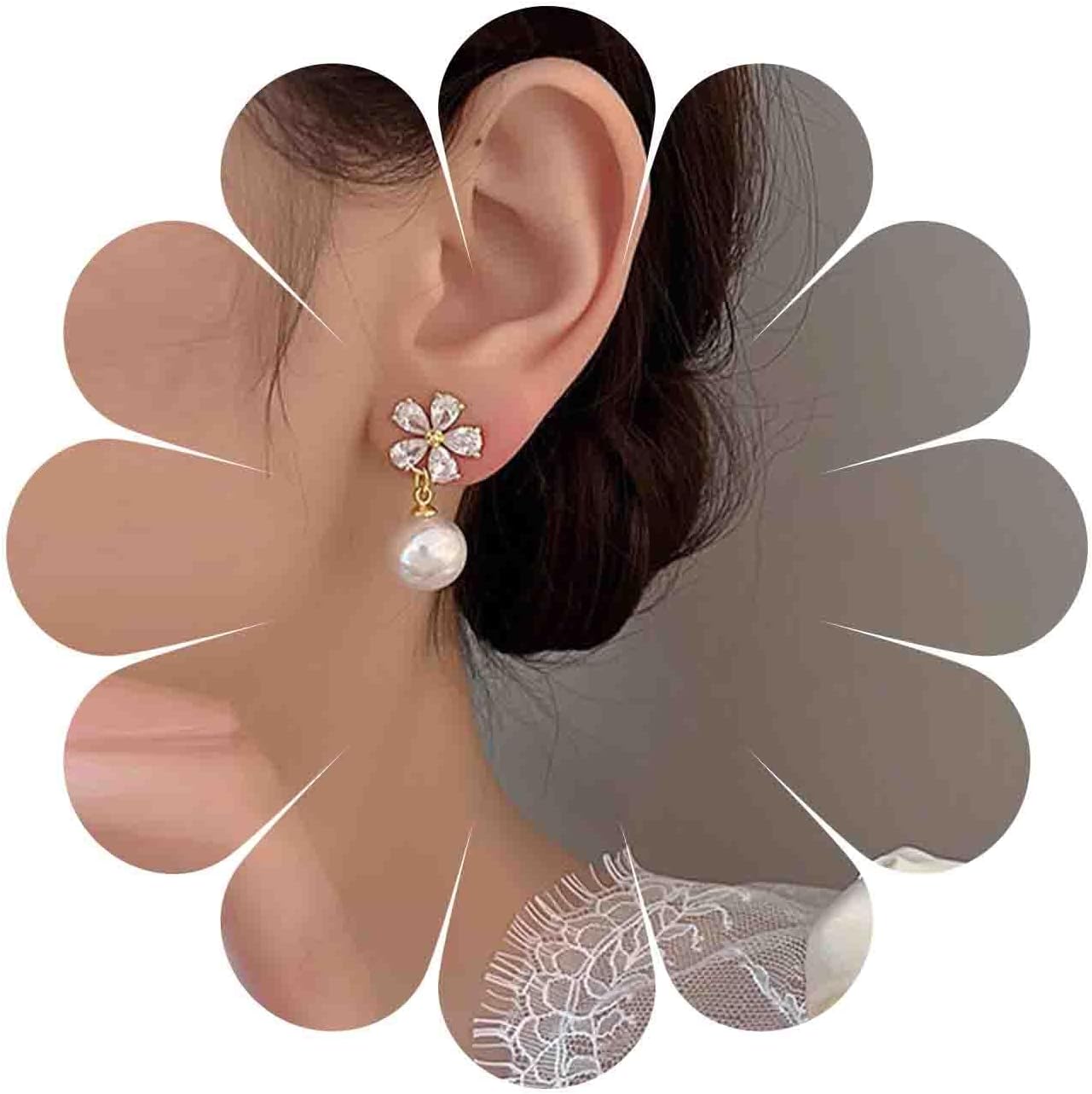 Vintage Crystal Flower Pearl Earrings Round Pearl Dangle Earrings Rhinestone Flower Stud Earrings Gold Pearl Drop Earrings Pearl Bridal Earrings Jewelry for Women