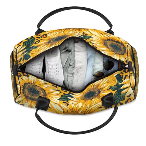 Sunflower Travel Duffle Bag for Women Men Foldable Waterproof Weekender Bag Carry on Tote for Overnight Sports Gym Floral Leopard Print4