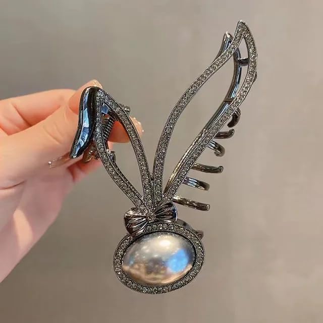 Image of Diversa Rhinestone Golden Claw Clip, Embellished Korean Clutcher, Non- Slip Metal Claw Clip for Girls, Fancy Clutcher for Women, Pack of 1 (Rabbit Ear)