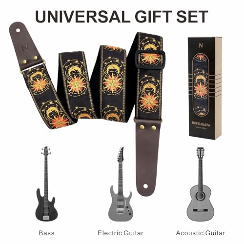 Nefelibata Gitarrengurt, Sonne & Mond Stickerei Gitarrengurte mit Kopf Rindsleder Enden für Bass, elektrische & akustische Gitarren, kostenlose Gurtknopf, 1 Paar Gurtschlösser und 4 Gitarrenplektren