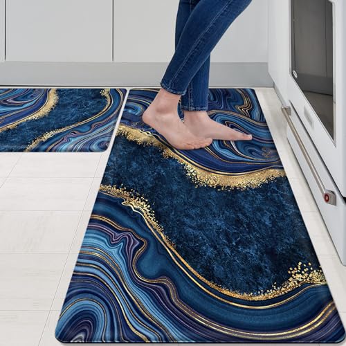 MAYHMYO Kitchen Rugs and Mats Set of 2 Blue Marble Anti Fatigue Mat PVC Non Slip Abstract Golden Kitchen Mats for Floor Bathroom Desk Runner Laundry