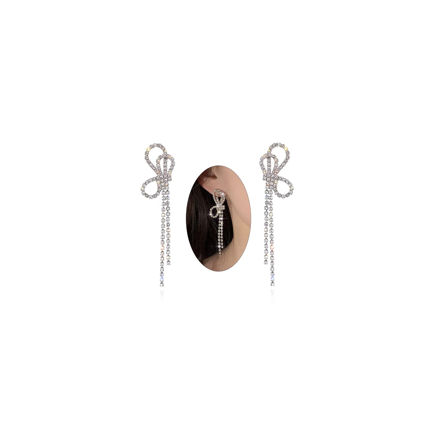 Luxval Rhinestone Earrings Dangling for Women Sparkly Silver Dangle Earrings Girls Long Chandelier Earrings Tassel Lightweight Ear Studs Cubic Zirconia Crystal Statement