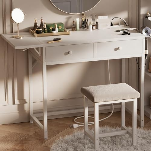 KAI-ROAD Small Makeup Vanity Desk No Mirror White Vanitys Table Set with Wood Drawers and Chair Stool, Outlets & Foldable Countertop for Bedroom Schminktisch Modern