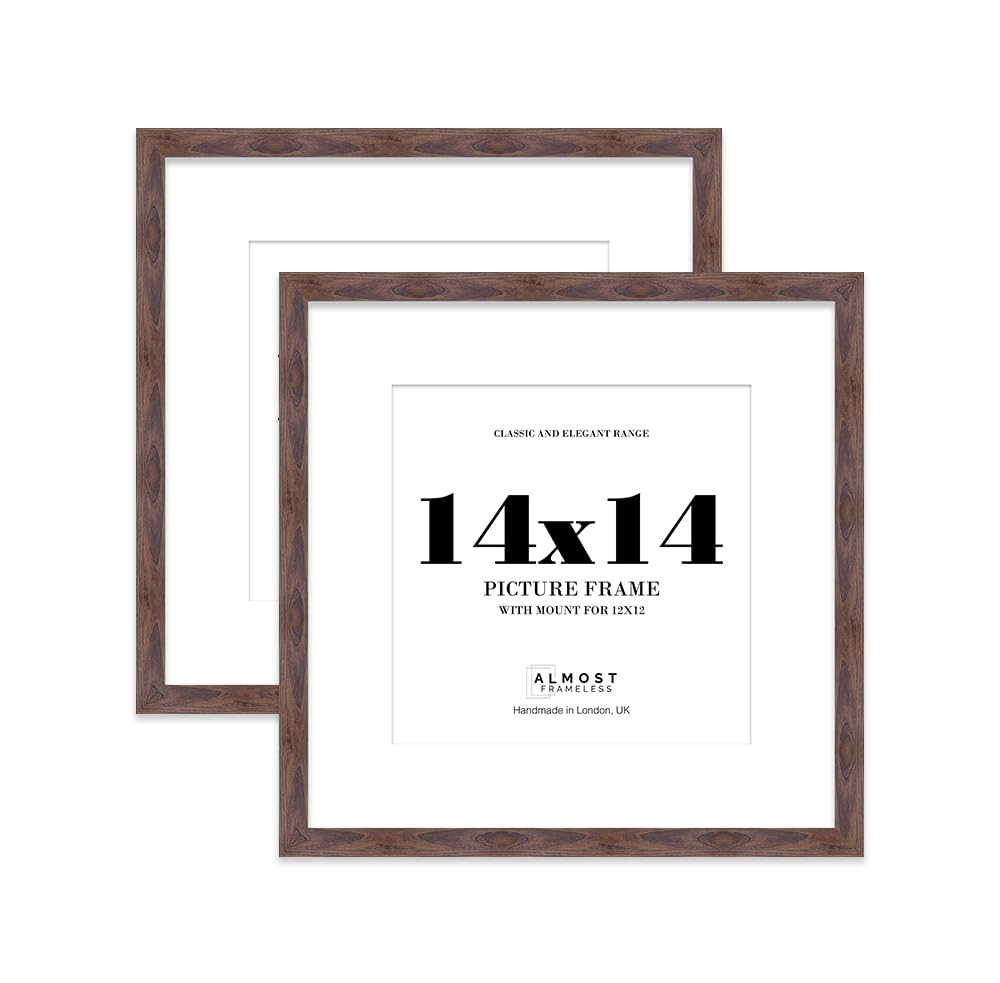 14x14 Walnut Picture Frame with Mount for 12x12 Photos, Prints - Modern Square Wall Frame, Set of 2