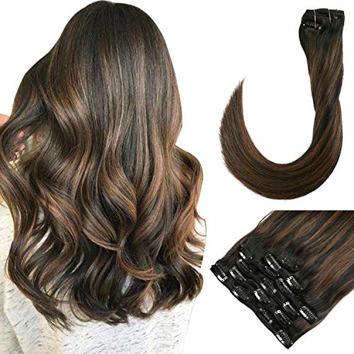 Hair Extensions Highlights Clip in Black Human Hair Extensions Straight 15 Inch Remy Clip on Extensions with Brown Streaks Full Head 120grams