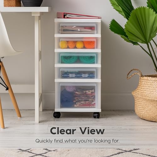Image of IRIS USA 5-Drawer Rolling Storage Cart with Organizer Top, White /Clear | Keep classroom supplies, teacher essentials, craft materials, and learning tools organized with easy-access drawers.