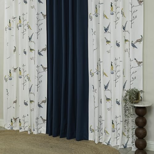 Image of Tranquebar Curtain Co. Cotton Curtains 7 Feet Long Set of 3, 60-65% Room Darkening, Multicolor (Blue, Yellow) Bird Print, Door Curtains 7 Feet Set of 3, BackTabs, Shiri Green Combo (213 cm) - Set of 3