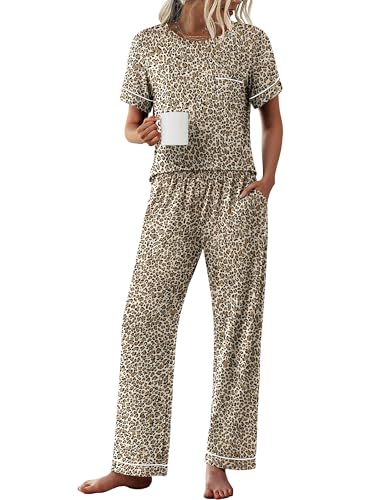 Ekouaer Womens Pajama Sets Short Sleeve Top and Pants 2 Piece Pjs Soft Sleepwear Comfy Lounge Set S-XXL