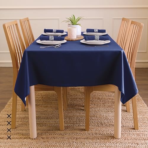 Image of Encasa XO Dining Table Cover Cloth for 6 to 8 Seater | 140x240 cm Cotton Canvas Rectangular Table Cloth | Machine Washable Tablecloth for Indoor & Outdoor Use - Navy Blue Solid Color