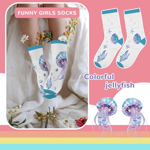Queenshin Jellyfish Socks Boys Girls Novelty Cute Cartoon Funny Fashion Kids Crew Socks 6 Pairs 9-14Y Birthday Gift