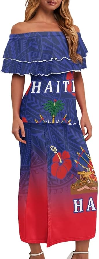 ENLACHIC Womens Haitian Flag Puletasi Samoan Traditional Dress Ruffle Off Shoulder Top Skirt Two Piece Outfit