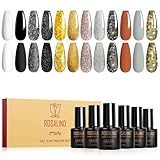ROSALIND White Black Gel Nail Polish Set, 12PCS Silver Gold Glitter Gel Nail Polish Black Glitter Nail Polish Set for Women