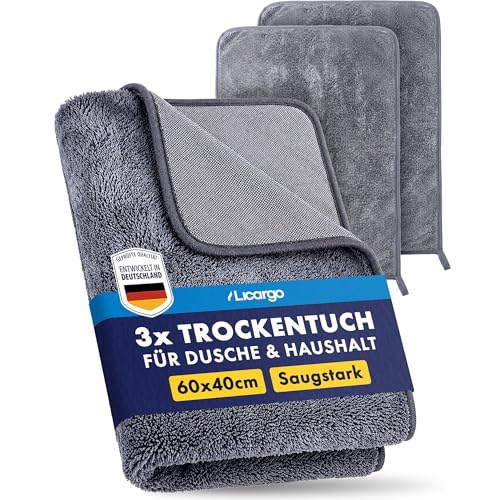 LICARGO Trockentuch Dusche XXL 3er Set 60x40 cm Saugstarke Mikrofasertücher & Microfaser Putztuch fusselfrei streifenfrei & kratzfrei für Duschkabine Bad Glas Armaturen & Auto - 600GSM