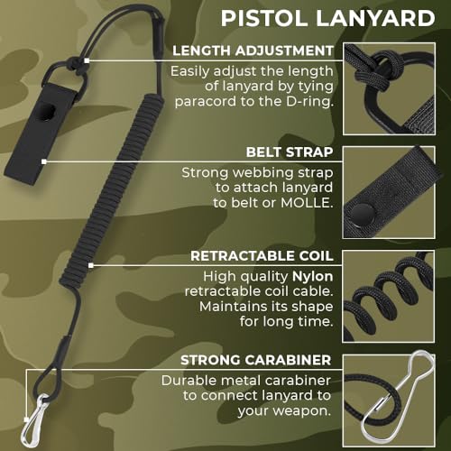 TECEUM Tactical Pistol Lanyard – Black – Equipment Accessories for Military, Police, Security & Personal Use – Spring Safety Strap with D-Ring Keeper – Anti-Lost Elastic Coil for Belt or MOLLE - Image 2