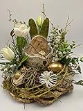  Ostergesteck Frühlingsgesteck Osterdeko Seidenblumen Hase Eier Tulpen Maiglöckchen gold