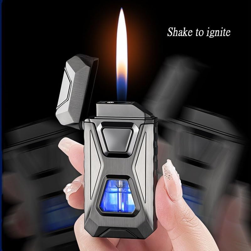 Voice Activated Windproof Dual Flame Lighter, USB Rechargeable Arc Lighter,Jet Flame and Soft Flame, Visible Transparent Window, Refillable Butane Lighter, Cool Lighters Gift for Men(Green)