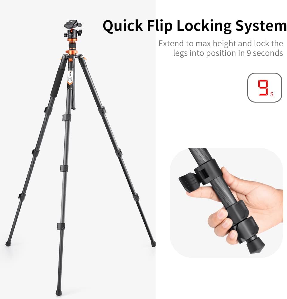 K&F CONCEPT 63" Carbon Fiber Camera Tripods,Compact Tripod with Detachable Monopod, Metal Ball Head 22lbs Load Capacity with Quick Release Plate for SLR DSLR Digital Camera/Camcorder
