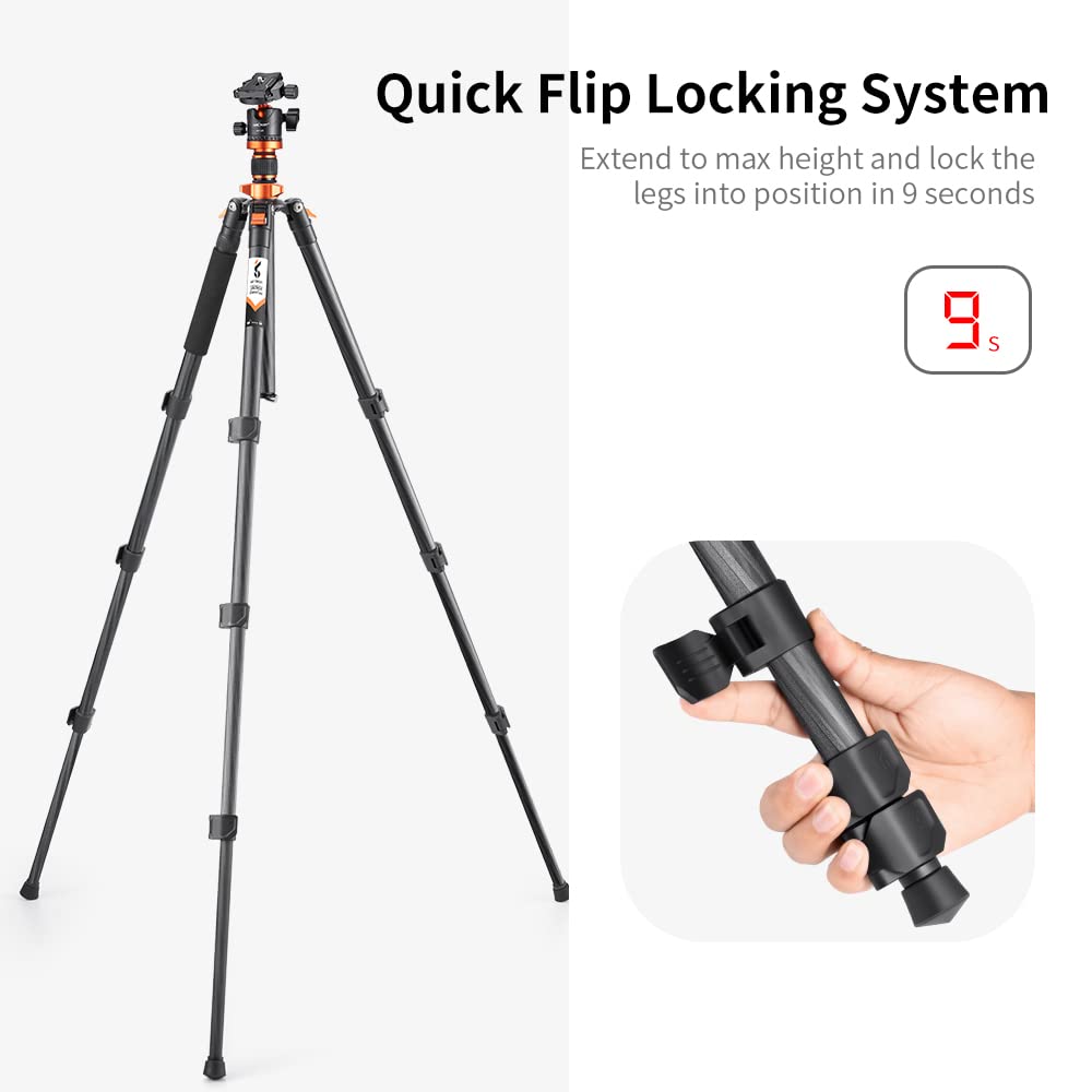 K&F Concept Trepied Carbone Monopode Appareil Photo 160cm, Trépied Professionel Compact SA254C4 pour DSLR, Trepied Voyage Leger 4 Sections avec Rotule Metal Sac Transport Inclus Max:10kg