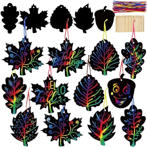 90shine 60 Sets Fall Crafts for Kids Black Scratch Autumn Leaves Magic Craft Art Kit Classroom Preschool Activities Party Favors Cover