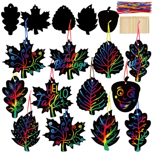 90shine 60 Sets Fall Crafts for Kids Black Scratch Autumn