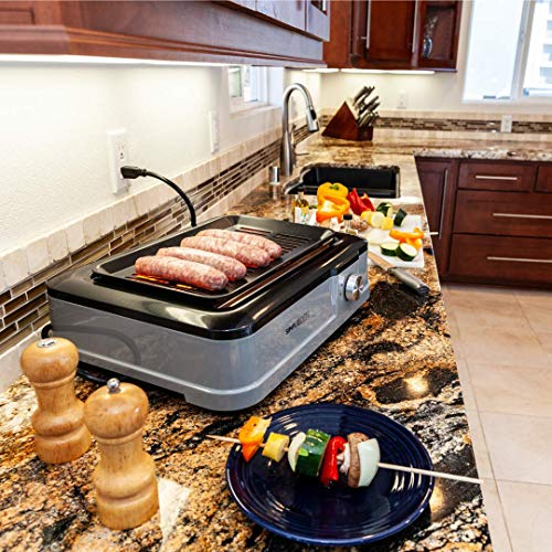 Simple Living Products Infrared Indoor Smokeless Grill, Non Stick Cooking Surface, Smokeless Indoor BBQ Grill, Custom Recipe Cookbook, 1800 Watts (Grey)