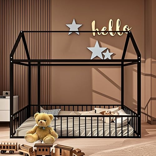 Anwick Twin Size Metal House Bed, Montessori Bed with Fence and Roof Toddler Floor Bed, Metal House Bed Frame with Safety Guardrail Playhouse for Girls, Boys No Box Spring Needed (Black)