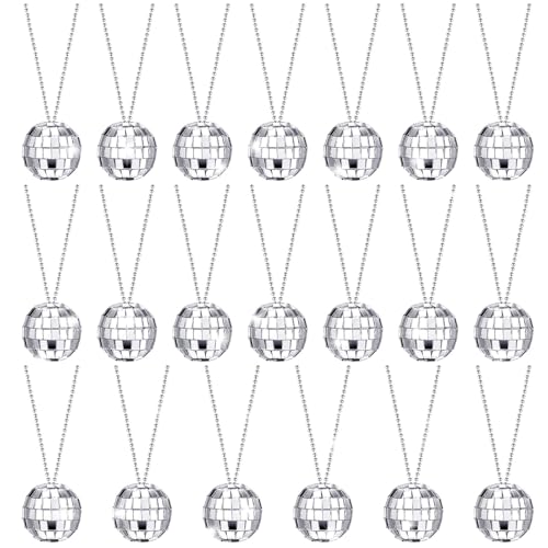 Sureio 20 Pcs Mirror Disco Ball Necklaces Silver Hanging Balls Ornaments 70s Mini Disco Party Ball 70s Jewelry Favor Decoration Accessories for Dance Supplies(1.18 Inch)