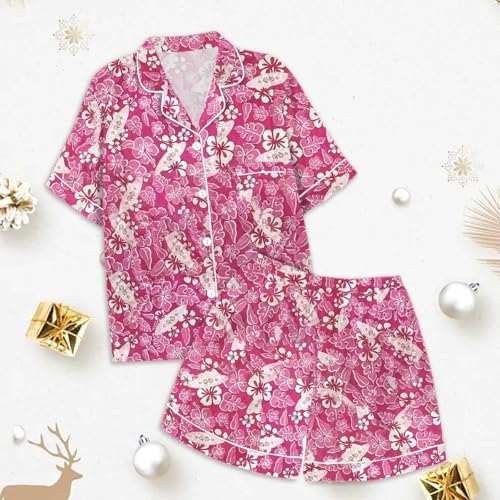 Girls Satin Pyjamas for Kids Fashion Flower Pattern Satin Nightwear 2 Pcs Button-Down 𝗣j𝘀 Print Short Sleeve Sleepwear3