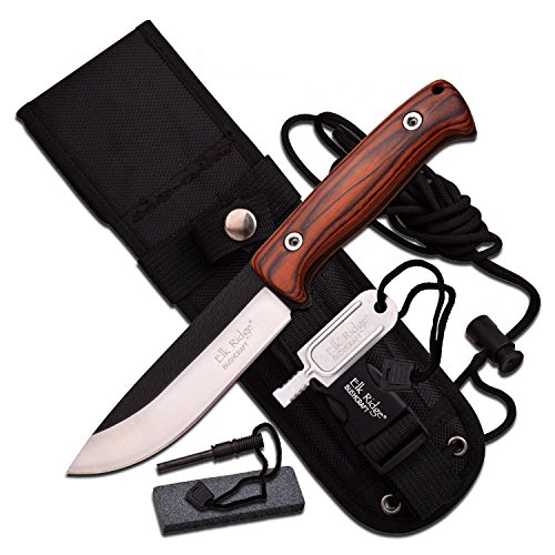Elk Ridge Outdoors Fixed Blade Knife, 10.5-in Overall, Nylon Fiber Handle, Nylon Sheath, Sharpening Stone, Fire Starter, Hunting, Camping, Survival - ER-555 Series (Wood)