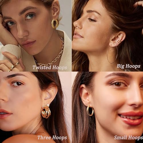 46 Pairs Gold Hoop Earrings Set for Women, Fashion Hypoallergenic Chunky Twisted Pearl Stud Earrings Multipack, Small Big Hoops Earring Packs Trendy for Christmas Birthday Party Jewelry Gift4