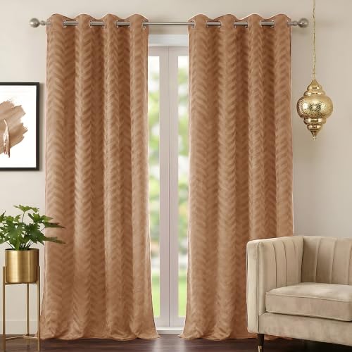 Image of 100% Room Darkening Long Curtains 8 Feet, Beige | Embossed Panels Light Block Mild Thermal Insulated & Noise Reducing Room Darkening Curtains (Beige, 96 Inch)