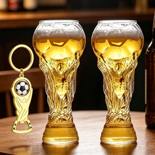 DXPETA World Cup Glass World Cup Beer Glass Set with Football Opener Trophy Design for Football Fans and Sports Bars 450 ml Capacity Two Glasses and One Opener