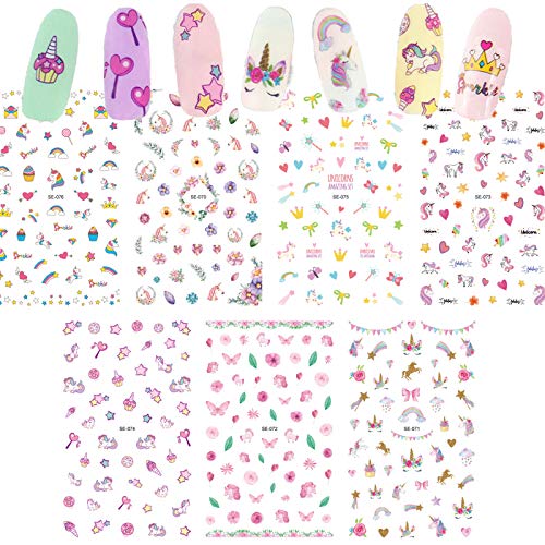 Ooopsiun Unicorn Nail Stickers For Girls - 7 Sheets, Unicorn Self Adhesive 3D Nail Decorations Unicorn Birthday Party Decorations Supplies Favors For Girls Kids (Unicorn 1) #TOP22