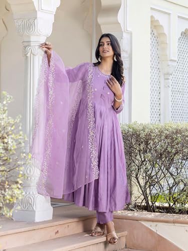 Image of Navlik Women's Viscose Embroidered Flared Kurta with Pant and Dupatta Sets (NK-654)