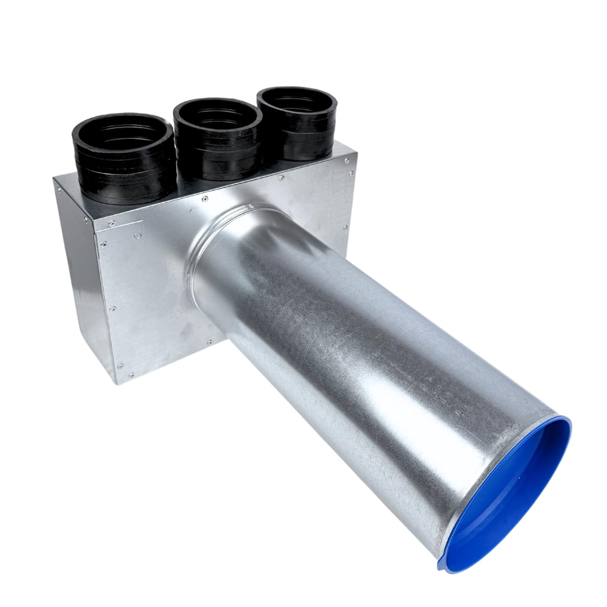 Skrzynka przyłączeniowa zaworu ze stali ocynkowanej – 3 x 75 mm Ø, przyłącze Ø 125 mm, gumowe złącza, nadaje się do wylotów sufitowych/anemostatów, hermetyczna i łatwa w montażu