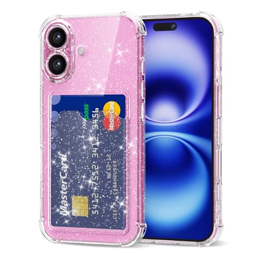 Svanove for iPhone 16 Case Wallet Clear Glitter Transparent Card Holder Case with Credit Card Slot Bling Sparkle Cute Girly Thin Slim Soft Rubber Protective Shockproof Bumper for Women Girl