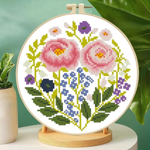 Image of Zhenqing Pink Floral Cross Stitch Kit for Beginners - 11CT 24x24cm Pre-Printed Pattern with Embroidery Hoop, Threads & Tools(70521)