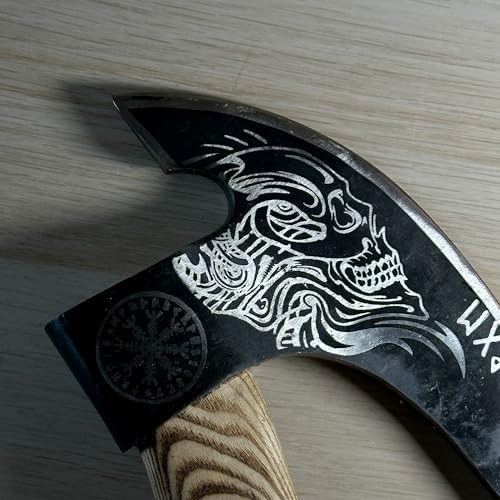 Miniatura 3 de Cortador De Pizza Vikingo, Mango De Madera, Diseño De Hacha Con Diseño De Calavera, Negro Y Natural