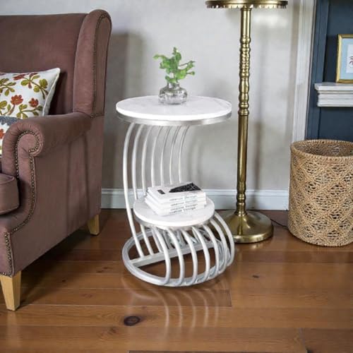 Image of Farmhouse Accent Coffee Table Simple Bedside Cabinet Small Round Table MDF Top Metal Table Living Room Sofa (Silver White)