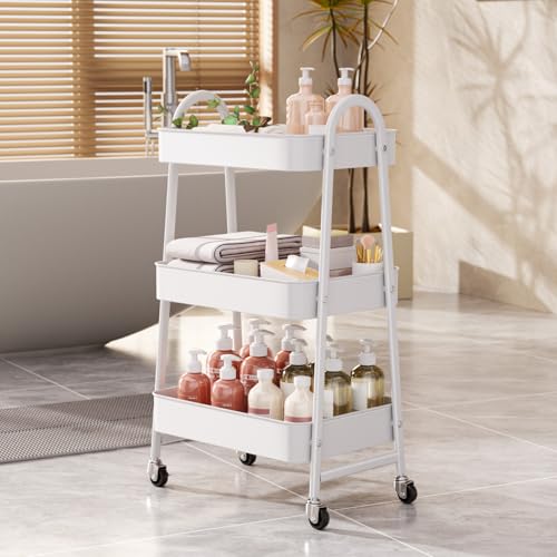 Kitchen Trolley on Wheels, 3 Tier Metal Storage Cart, Rolling Utility Cart with Handle and Mesh Shelves for Bathroom, Office, Craft Room, White - Image 8