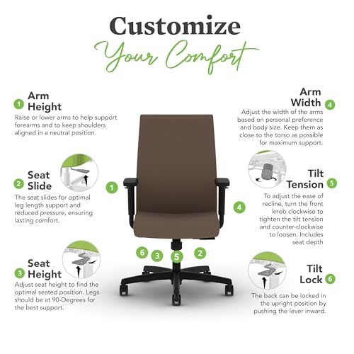 Image of HON Ignition 2.0 Ergonomic Office Chair with Adjustable Arms, Standard Synchro‑Tilt Recline, Upholstered Desk and Computer Chair for Home Office or Workstation, Black Frame, Bark