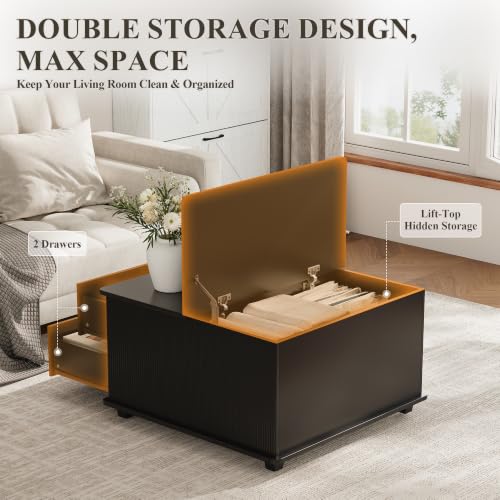 Image of MALOL Storage Coffee Table with 2 Drawers & Flip-Top Lid with Hidden Storage, Modern Fluted Wood Coffee Table, Solid Wood Legs, Square Center Table for Living Room, Black