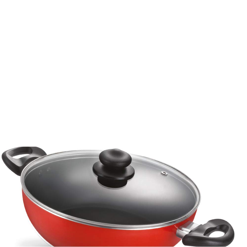 Judgeby TTK Prestige Aluminium Flat Kadai with Lid, 260mm, Red