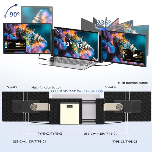 Image of Laptop Screen Extender 2.5K - Updated 16 inch Triple Portable Monitor 2560x1600P QHD 100% sRGB IPS, Plug & Play, Rotation Detachable Screen Compatible with Mac Wins Dex Chrome Fits 13 inch-17 inch Laptops