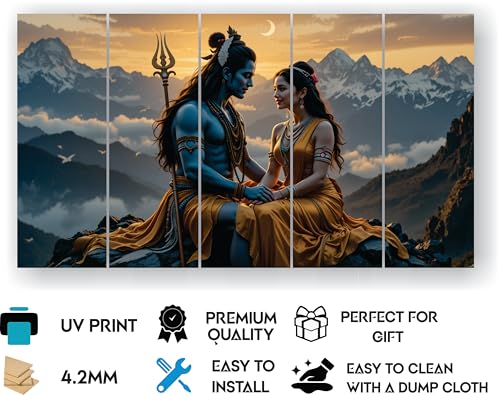 Image of RAVLEX Shiv Parvati Wall Painting for Living Room, Wooden Framed UV Printed Wall Art for Bedroom, Office, Hotel and Drawing Room, Multi Panel Decorative Painting, 24 x 48 Inch