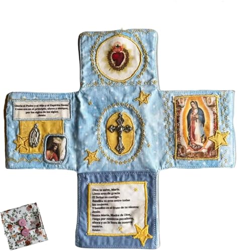 Gokame Devocional de bolsillo hecho a mano, edición de fe, kit de oración de viaje católico de 10 pulgadas con cruz, imágenes de santos y oraciones españolas, regalo (Blue)