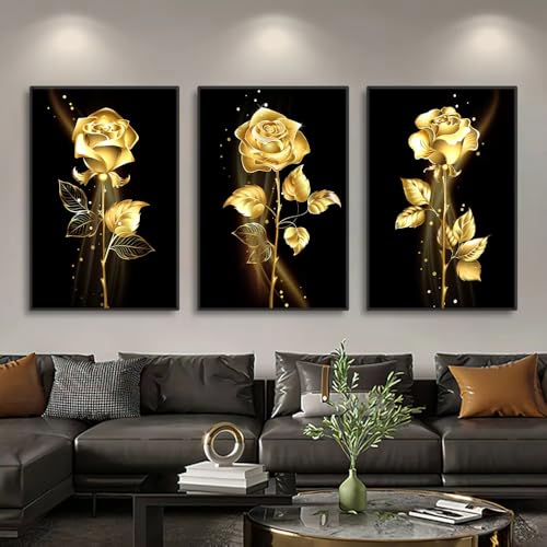 Peinture sur toile rose dorée haut de gamme - Triptyque IHHGNB noir 60x80 cm
